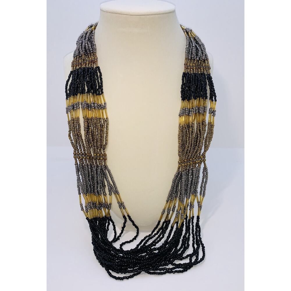 Bronze Silver & Black Seed Beads & Bugles Multi-strand 28' Necklace